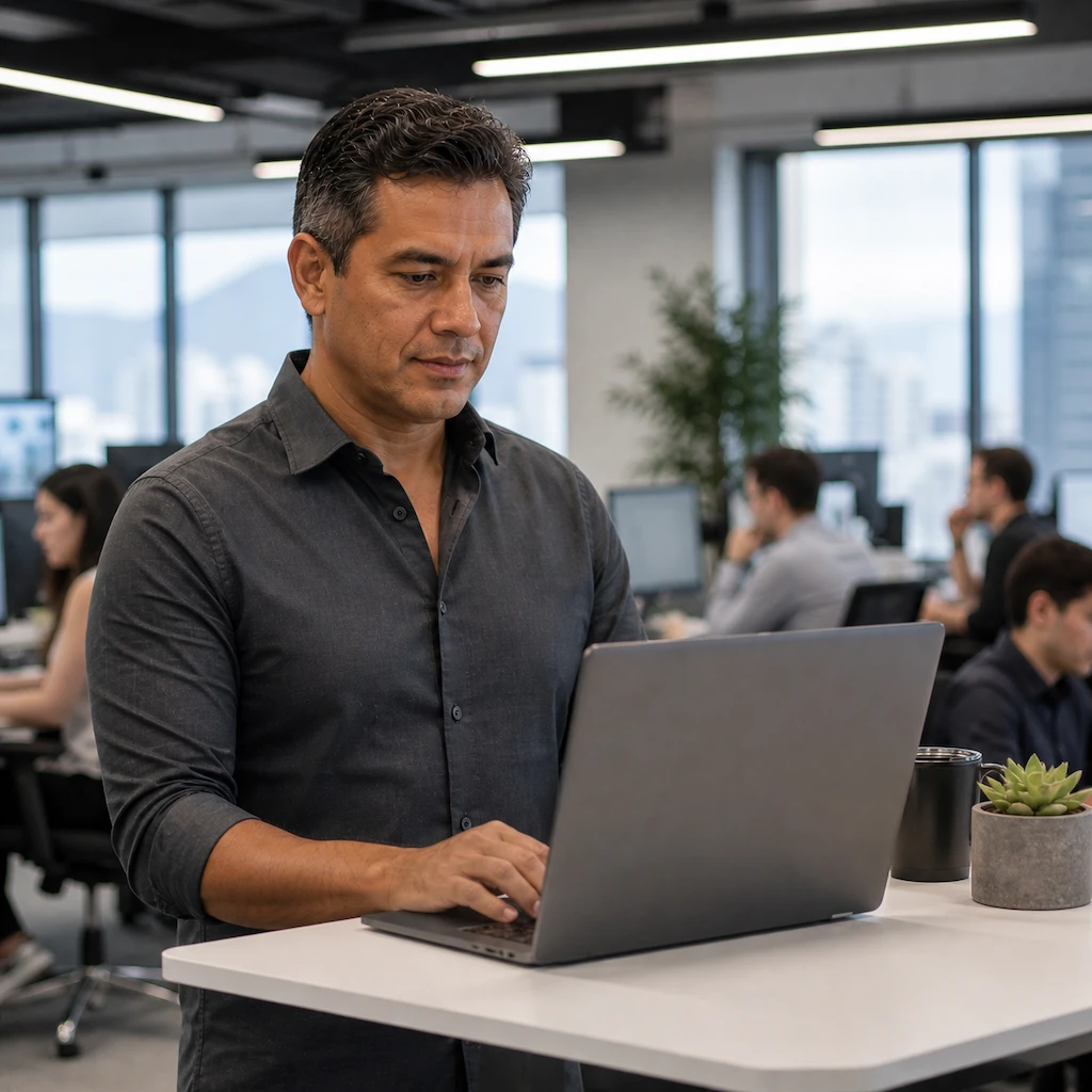 Corporate executive reviewing employee health data on laptop in modern office