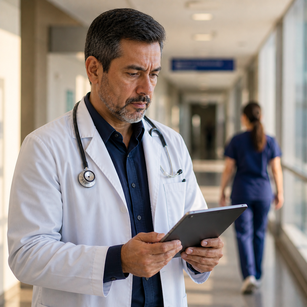 Médico en corredor hospitalario revisando alertas de pacientes crónicos en tablet